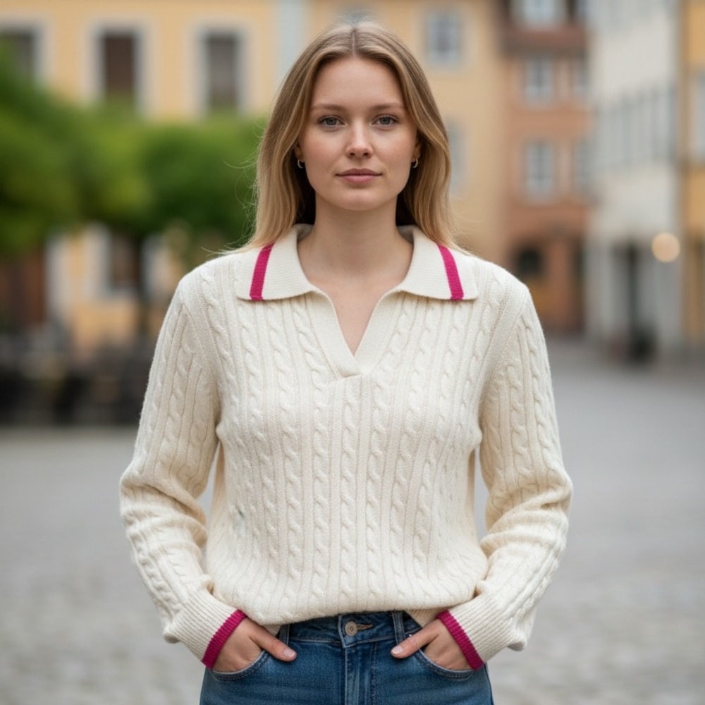 Nicole Miller Cable Cream V-Neck Sweater with Pink Trim Small